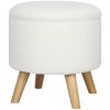 Round Ottoman Stool with Storage – Linen Upholstered Footrest with Padded Seat and Wood Legs, White