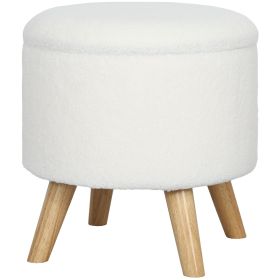 Round Ottoman Stool with Storage – Linen Upholstered Footrest with Padded Seat and Wood Legs, White