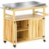 Outdoor Grill Cart with Stainless Steel Top, Solid Wood Kitchen Island with Wheels & Storage Cabinets
