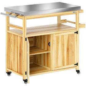 Outdoor Grill Cart with Stainless Steel Top, Solid Wood Kitchen Island with Wheels & Storage Cabinets