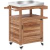 Outdoor Grill Cart with Stainless Steel Top, Solid Wood Kitchen Island with Drawer & Wheels – Brown