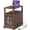 Narrow End Table with Charging Station USB Ports and Storage Brown