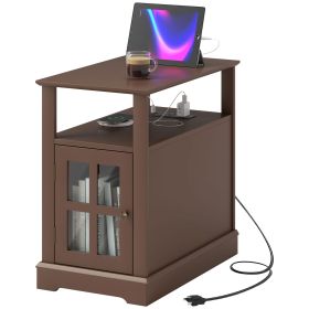 Narrow End Table with Charging Station USB Ports and Storage Brown