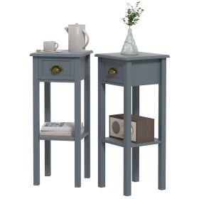 2-Tier Side Table Set of 2 – Gray End Tables with Drawer and Shelf for Living Room & Hallway