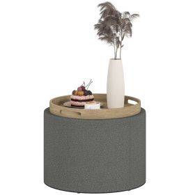 Round Storage Ottoman Coffee Table with Flip Top Tray – Linen Upholstered Footstool with Hidden Storage