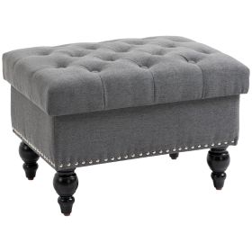 Storage Ottoman 25" Grey Button-Tufted Fabric Bench with Removable Lid and Wood Legs