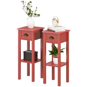 2-Tier Red End Tables Set of 2 with Drawer and Shelf – Slim Side Tables for Living Room or Hallway