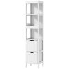Slim White Bathroom Storage Cabinet with Drawers and Open Shelves