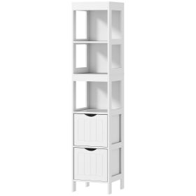 Slim White Bathroom Storage Cabinet with Drawers and Open Shelves