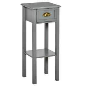 2-Tier Tall Side Table, Night Stand Narrow Accent Table with Drawer & Bottom Shelf, Gray