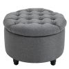 Storage Ottoman Bench Round Button Tufted Linen-Touch Grey – Footstool with Hidden Storage