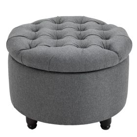 Storage Ottoman Bench Round Button Tufted Linen-Touch Grey – Footstool with Hidden Storage