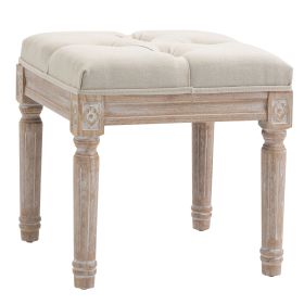 Vintage Tufted Ottoman 15.75" Beige Foot Stool with Rustic Wood Legs