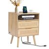 VEVOR Rattan Nightstand – Boho Bedside Table with 2 Drawers & Open Shelf, Solid Wood Legs