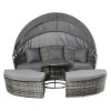 4-Piece Patio PE Wicker Lounge Set, Convertible Round Daybed with Canopy, Cushions & Coffee Table, Gray