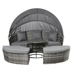 4-Piece Patio PE Wicker Lounge Set, Convertible Round Daybed with Canopy, Cushions & Coffee Table, Gray