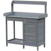 Grey Potting Bench Table with Storage Cabinet, Drawer & Galvanized Steel Top