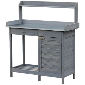 Grey Potting Bench Table with Storage Cabinet, Drawer & Galvanized Steel Top
