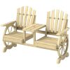 2-Seat Wooden Garden Bench with Table, Umbrella Hole, High Backrest & Armrests – Natural Wood