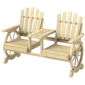 2-Seat Wooden Garden Bench with Table, Umbrella Hole, High Backrest & Armrests – Natural Wood