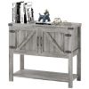 Farmhouse Double Door Coffee Bar Cabinet – Stone Gray Kitchen & Living Room Storage with Bottom Shelf