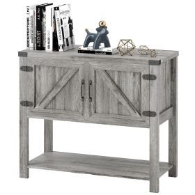 Farmhouse Double Door Coffee Bar Cabinet – Stone Gray Kitchen & Living Room Storage with Bottom Shelf
