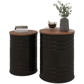 Round Storage Ottoman Set of 2, Nesting Ottomans with Wooden Lid and Hidden Storage