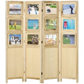 Room Divider with Photo Frames – 4 Panel Wood Folding Privacy Screen, Natural Indoor Partition