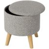 Round Storage Ottoman Stool – Linen Upholstered Footrest with Hidden Storage, Light Gray