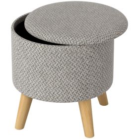 Round Storage Ottoman Stool – Linen Upholstered Footrest with Hidden Storage, Light Gray