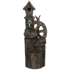2-in-1 Outdoor Water Fountain with Birdhouse – LED Resin Garden Waterfall