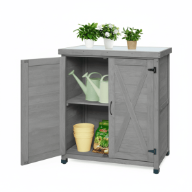 Potting Bench with Storage Cabinet and Metal Table Top – Outdoor Patio Work Station