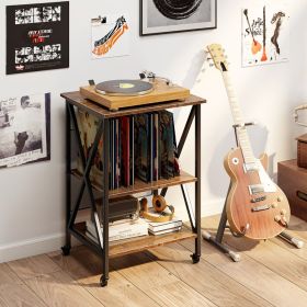 3-Tier Record Player Stand with Charging Station, Adjustable Shelf & Rolling Casters