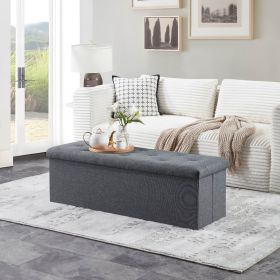 Folding Storage Ottoman Bench – 47” Linen Upholstered Footrest & End-of-Bed Storage Chest
