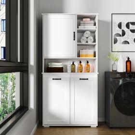 White Laundry Cabinet with Tilt-Out Hamper & Adjustable Shelving