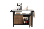 Outdoor Kitchen Wicker Island Rolling Cart with Stainless Steel Top & Storage Cabinet