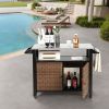 Outdoor Kitchen Wicker Island Rolling Cart with Stainless Steel Top & Storage Cabinet