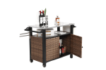Outdoor Kitchen Wicker Island Rolling Cart with Stainless Steel Top & Storage Cabinet