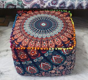 Square Patchwork Pouf Cover – Decorative Ottoman Cover for Living Room Footstool