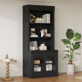 83.4" Tall Modern Black Bookshelf with Glass Doors & Drawer – Storage Bookcase for Living Room or Home Office