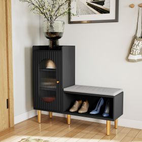 L-Shaped Shoe Cabinet & Storage Bench with Padded Seat – Black Entryway Organizer with Glass Door