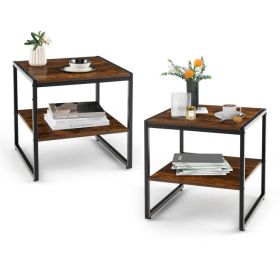 2-Tier Square End Table Set of 2, 20 Inch Rustic Brown Side Tables for Living Room & Bedroom