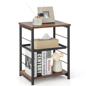 3-Tier Industrial Side Table with Adjustable Mesh Shelf – Rustic Wood & Metal Frame