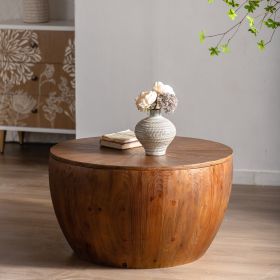 Vintage Barrel Coffee Table with Storage – 31.5" Wooden Drum Table