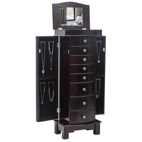 Jewelry Armoire with Mirror – 8 Drawers & 16 Necklace Hooks, 2 Side Swing Doors, Brown
