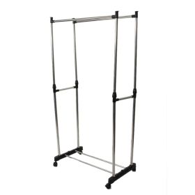 Dual-Bar Adjustable Clothes Rack with Shoe Shelf – Stainless Steel Garment Stand, Silver