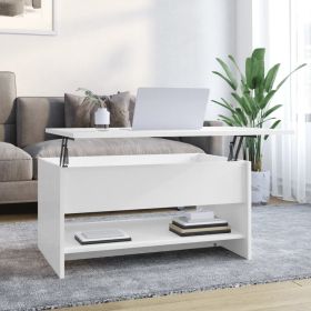 High Gloss White Coffee Table, Rectangular Engineered Wood with Hidden Storage