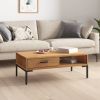 Industrial Coffee Table Solid Pine Wood with Drawer and Shelf – Brown