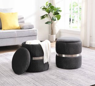 Modern Velvet Round Ottoman with Storage – Grey Tufted Upholstered Footrest with Hidden Storage