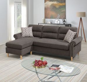 Tan Reversible Sectional Sofa with Chaise and Pillows – Nailhead Trim